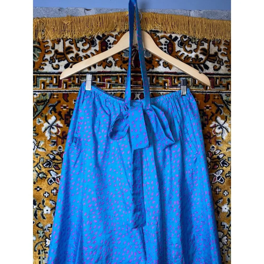 Vintage Custom 100% Silk Artsy Blue Patterned Wide Leg Pants Size M Boho Luxe